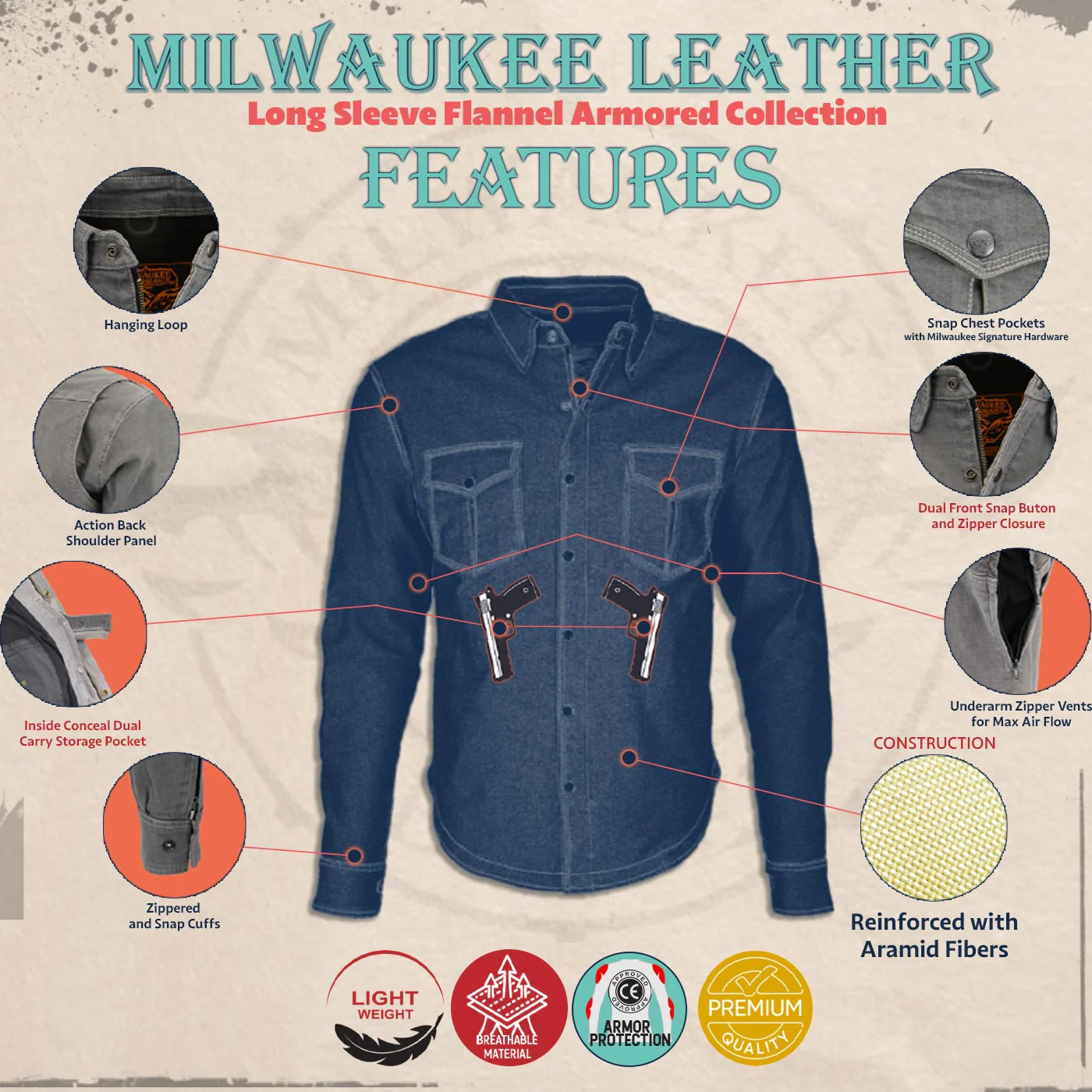 Milwaukee Leather MPM1621 Men's Grey CE Armored Long Sleeve Motorcycle Riders Shirt w/ Reinforced w/ Aramid Fibers - Image 2