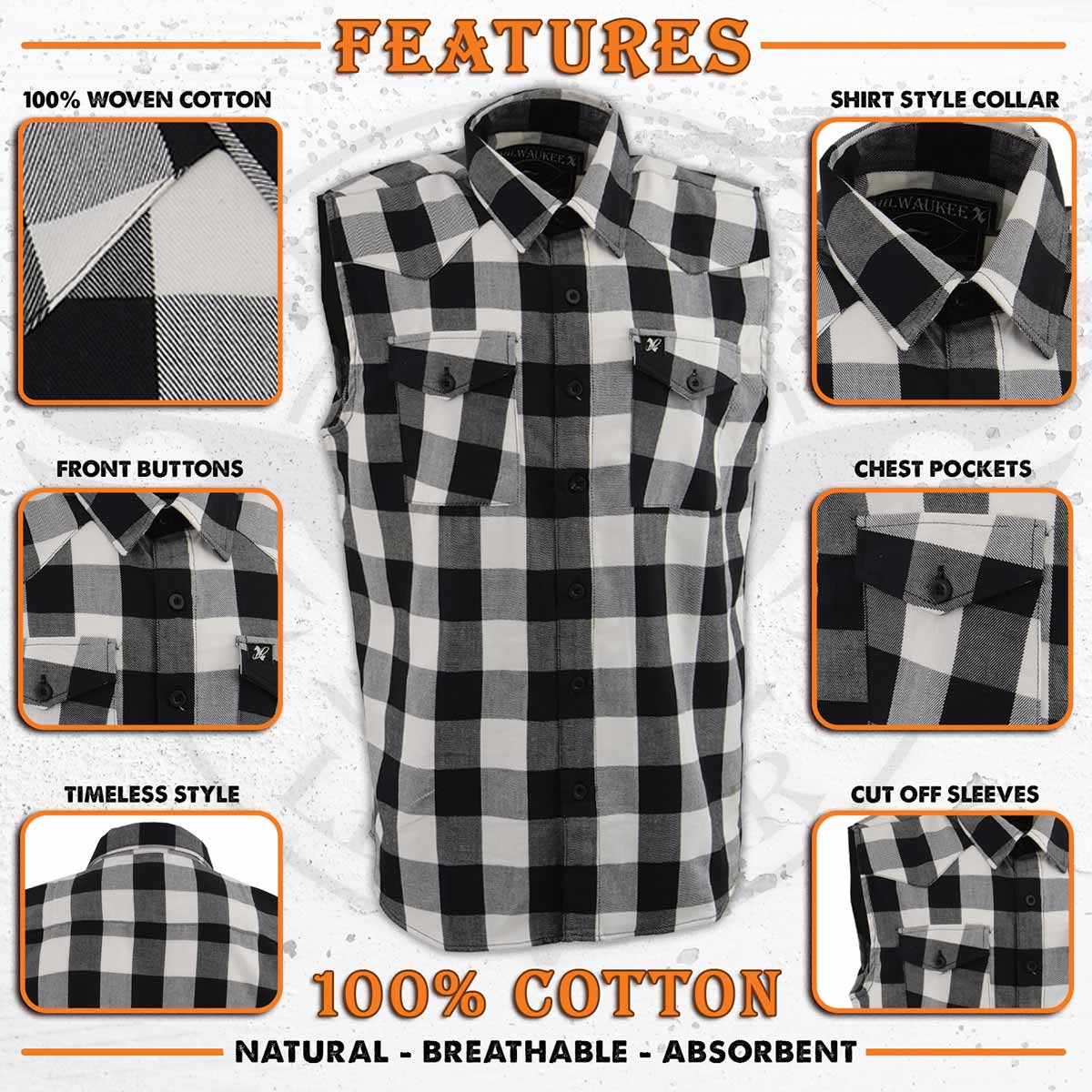Milwaukee Leather MPM1647 Men’s Classic Black and White Button-Down Flannel Cut Off Sleeveless Casual Shirt - Image 2