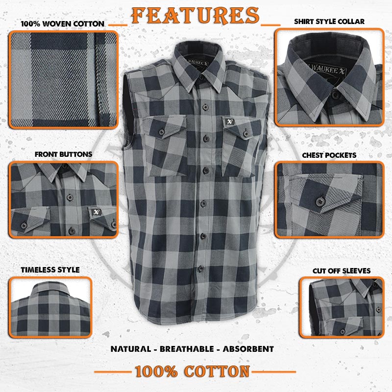 Milwaukee Leather MPM1648 Men’s Classic Black and Grey Button-Down Flannel Cut Off Sleeveless Casual Shirt - Image 2