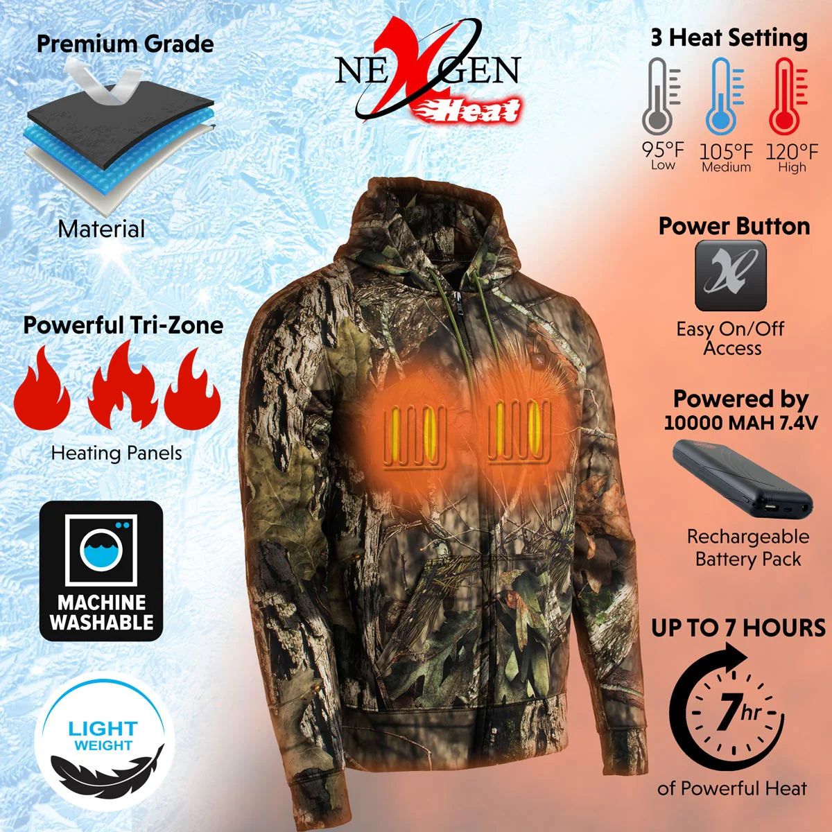 Nexgen Heat MPM1776SET Men's Camouflaged Heated Zipper Hoodies - Warming Camo Hoodie for Hunting w/ Battery - Image 2
