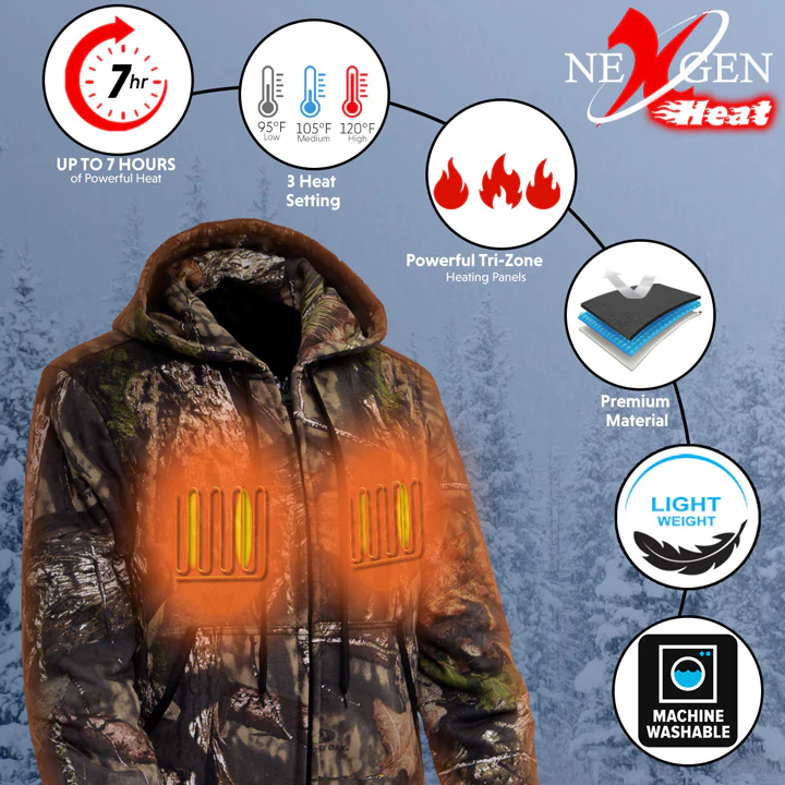 Nexgen Heat MPM1776SET Men's Camouflaged Heated Zipper Hoodies - Warming Camo Hoodie for Hunting w/ Battery - Image 7