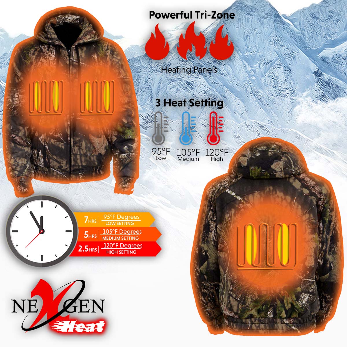Nexgen Heat MPM1776SET Men's Camouflaged Heated Zipper Hoodies - Warming Camo Hoodie for Hunting w/ Battery - Image 8
