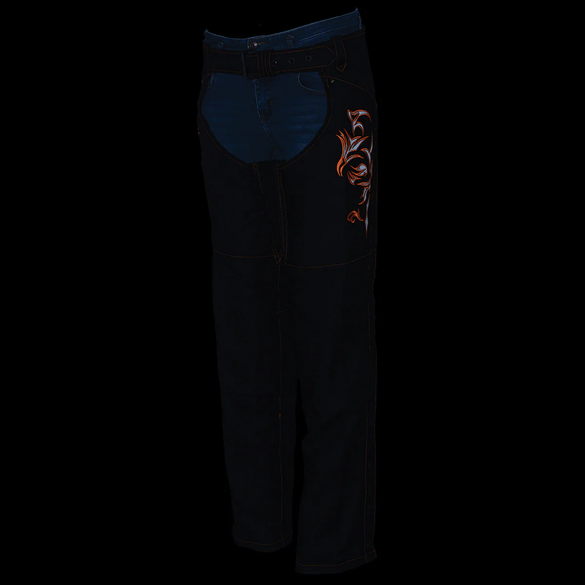 Milwaukee Leather SH1182 Women's Black with Orange Textile Motorcycle Riding Chaps with Tribal Embroidery - Image 4