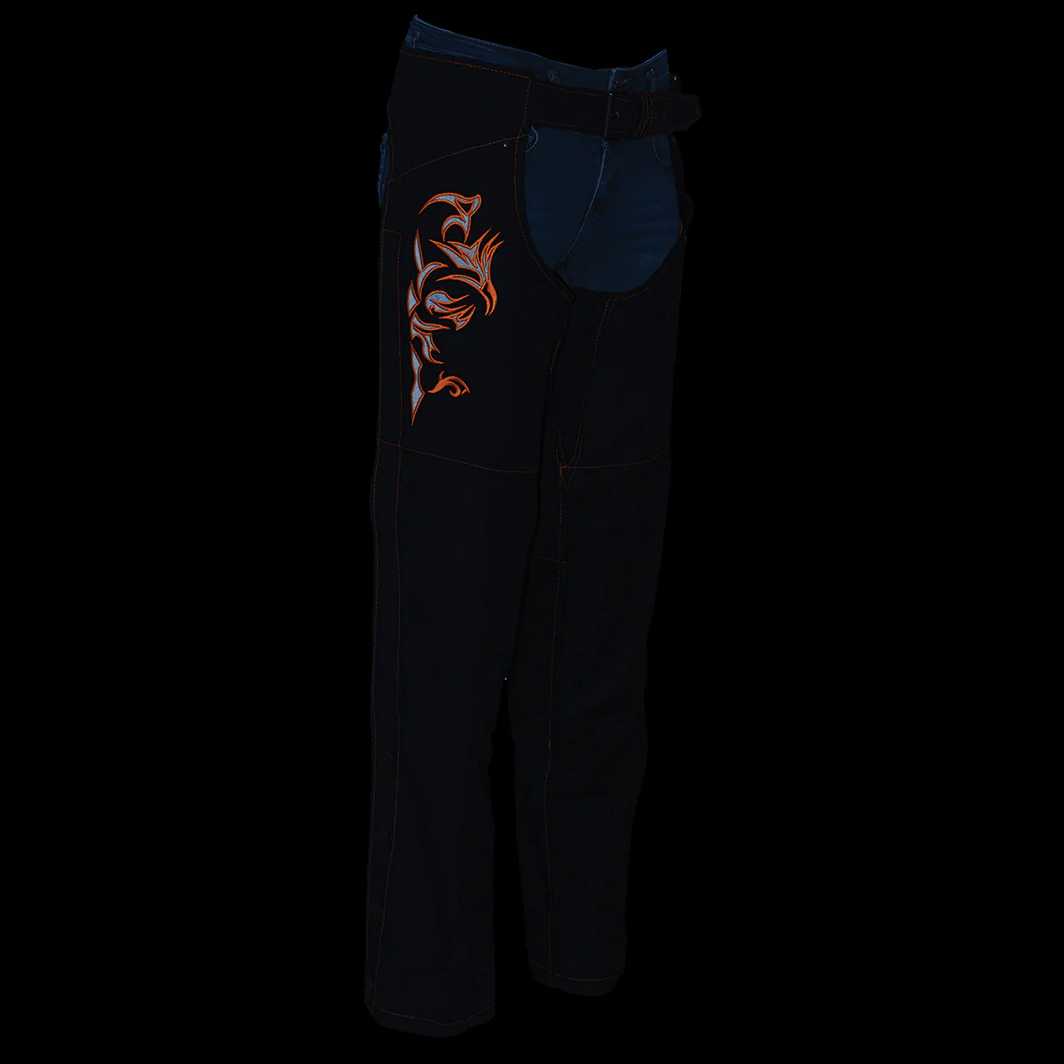 Milwaukee Leather SH1182 Women's Black with Orange Textile Motorcycle Riding Chaps with Tribal Embroidery - Image 5