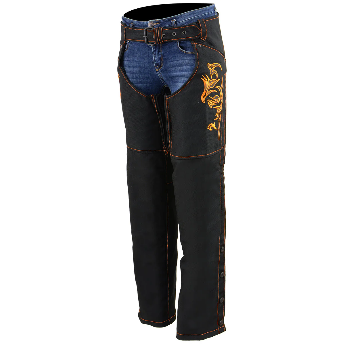 Milwaukee Leather SH1182 Women's Black with Orange Textile Motorcycle Riding Chaps with Tribal Embroidery - Image 6