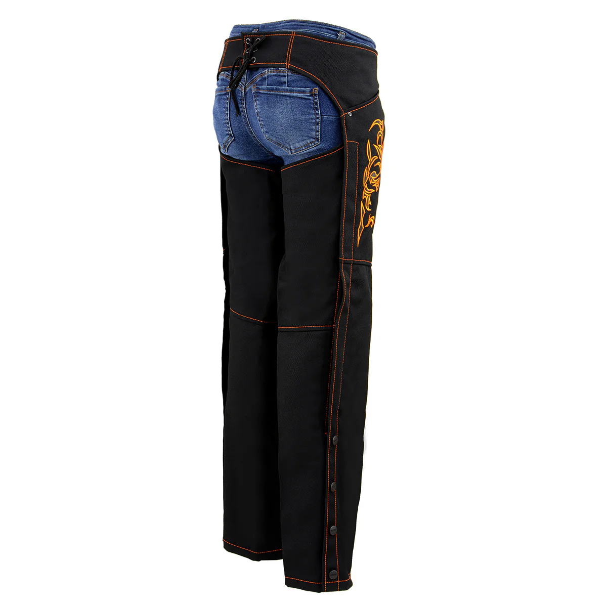 Milwaukee Leather SH1182 Women's Black with Orange Textile Motorcycle Riding Chaps with Tribal Embroidery - Image 7
