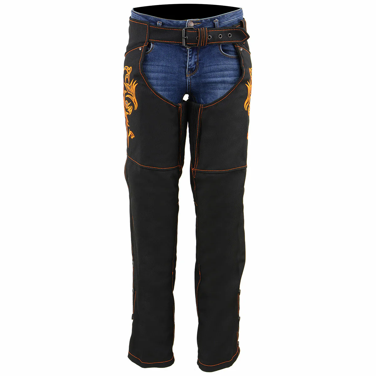 Milwaukee Leather SH1182 Women's Black with Orange Textile Motorcycle Riding Chaps with Tribal Embroidery - Image 8