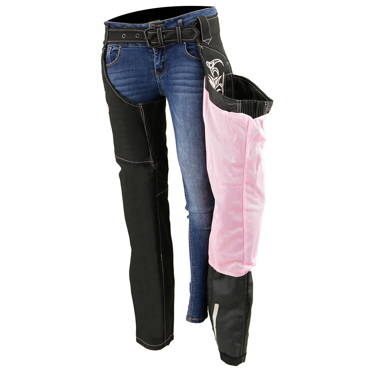 Milwaukee Leather SH1182 Women's Black with Pink Textile Motorcycle Riding Chaps with Tribal Embroidery - Image 4