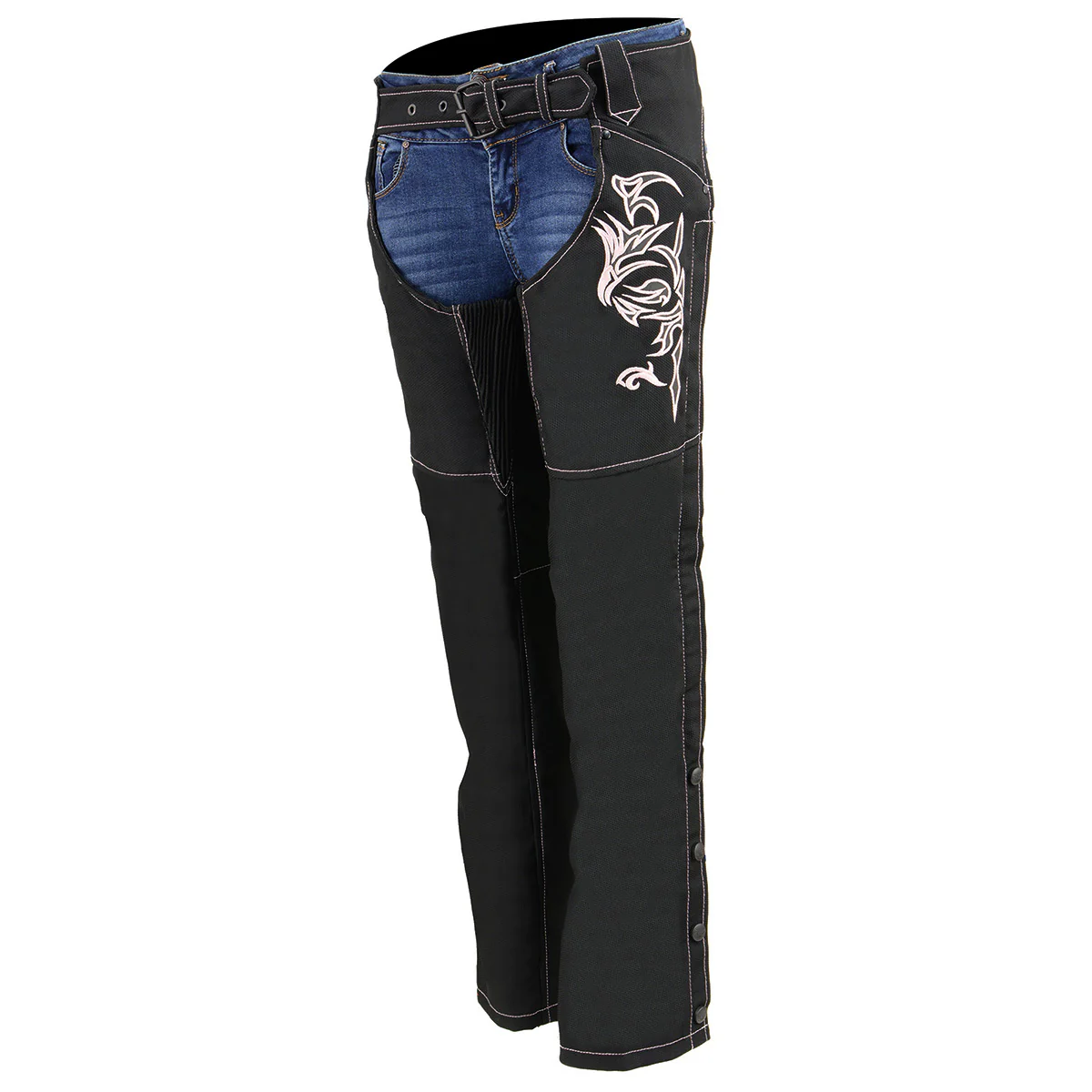 Milwaukee Leather SH1182 Women's Black with Pink Textile Motorcycle Riding Chaps with Tribal Embroidery - Image 7