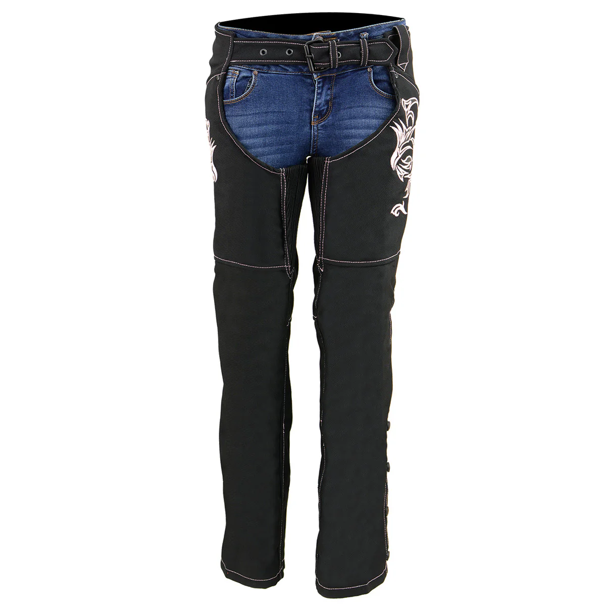 Milwaukee Leather SH1182 Women's Black with Pink Textile Motorcycle Riding Chaps with Tribal Embroidery - Image 8