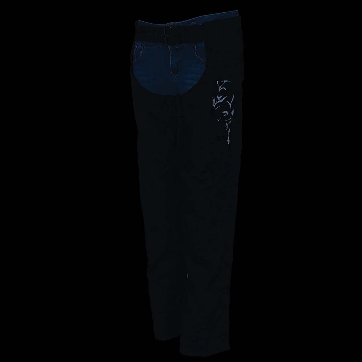 Milwaukee Leather SH1182 Women's Black Textile Motorcycle Riding Chaps with Tribal Embroidery - Image 5