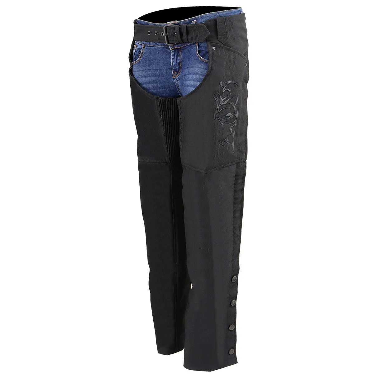 Milwaukee Leather SH1182 Women's Black Textile Motorcycle Riding Chaps with Tribal Embroidery - Image 7