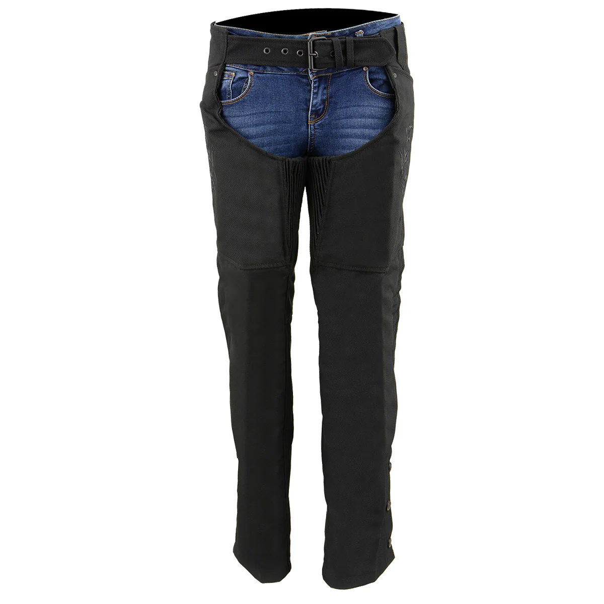 Milwaukee Leather SH1182 Women's Black Textile Motorcycle Riding Chaps with Tribal Embroidery - Image 8