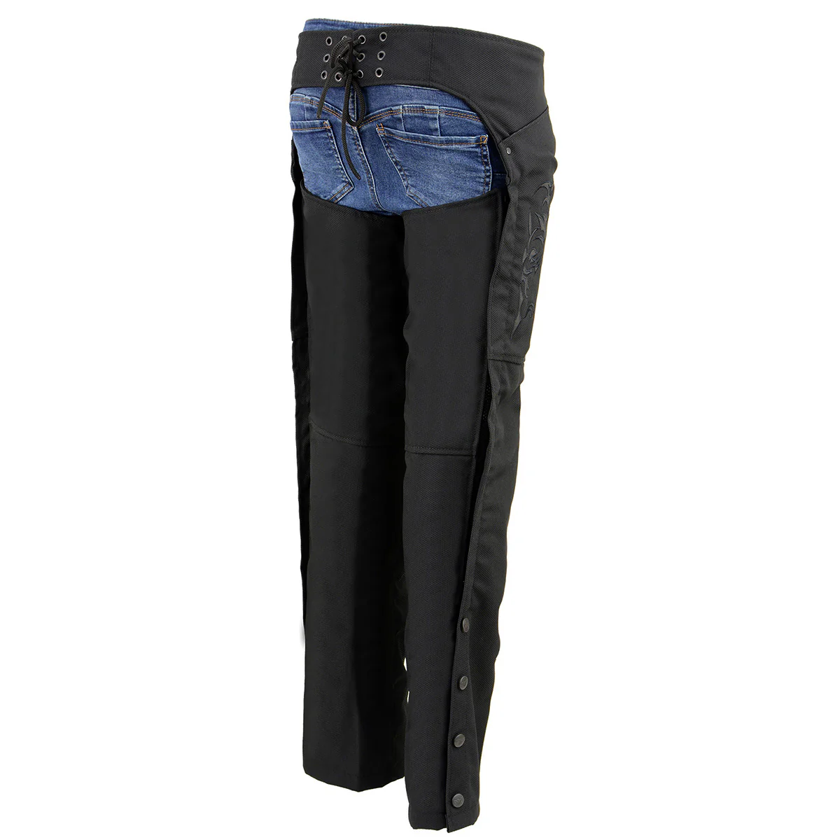 Milwaukee Leather SH1182 Women's Black Textile Motorcycle Riding Chaps with Tribal Embroidery - Image 9
