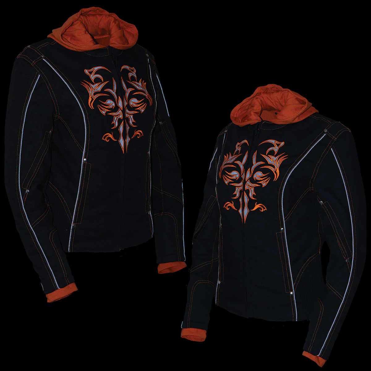 NexGen SH1939 Women's 'Reflective Tribal' Orange and Black 3/4 Textile Vented Jacket - Image 6