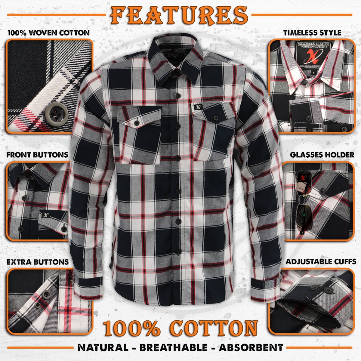 Milwaukee Leather MNG11625 Men's Flannel Plaid Black and White with Red Long Sleeve Cotton Button Down Shirt - Image 2
