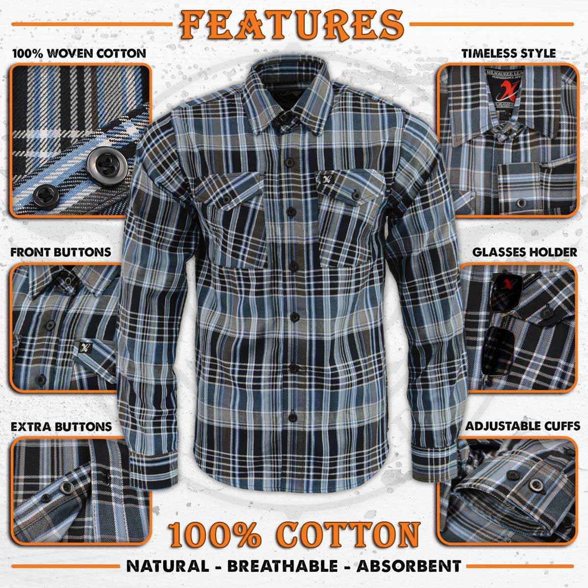 Milwaukee Leather MNG11626 Men's Flannel Plaid Black and White with Blue Long Sleeve Cotton Button Down Shirt - Image 2