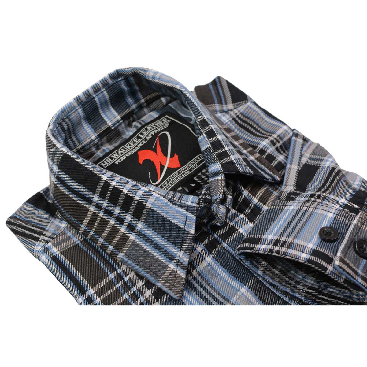 Milwaukee Leather MNG11626 Men's Flannel Plaid Black and White with Blue Long Sleeve Cotton Button Down Shirt - Image 9