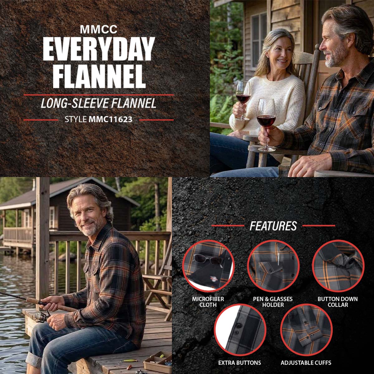 MMCC Burnline Men's Black Gray Orange Plaid Flannel Shirt - 100% Cotton Long Sleeve Button-Up - MMC11623 - Image 2