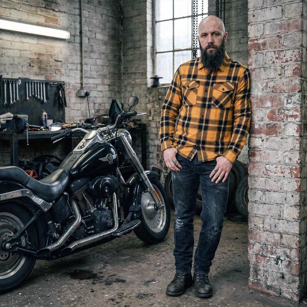 MMCC Deadbolt Men's Mustard Black White Plaid Flannel Shirt - 100% Cotton with Microfiber Wipe Panel - MMC11620 - Image 6