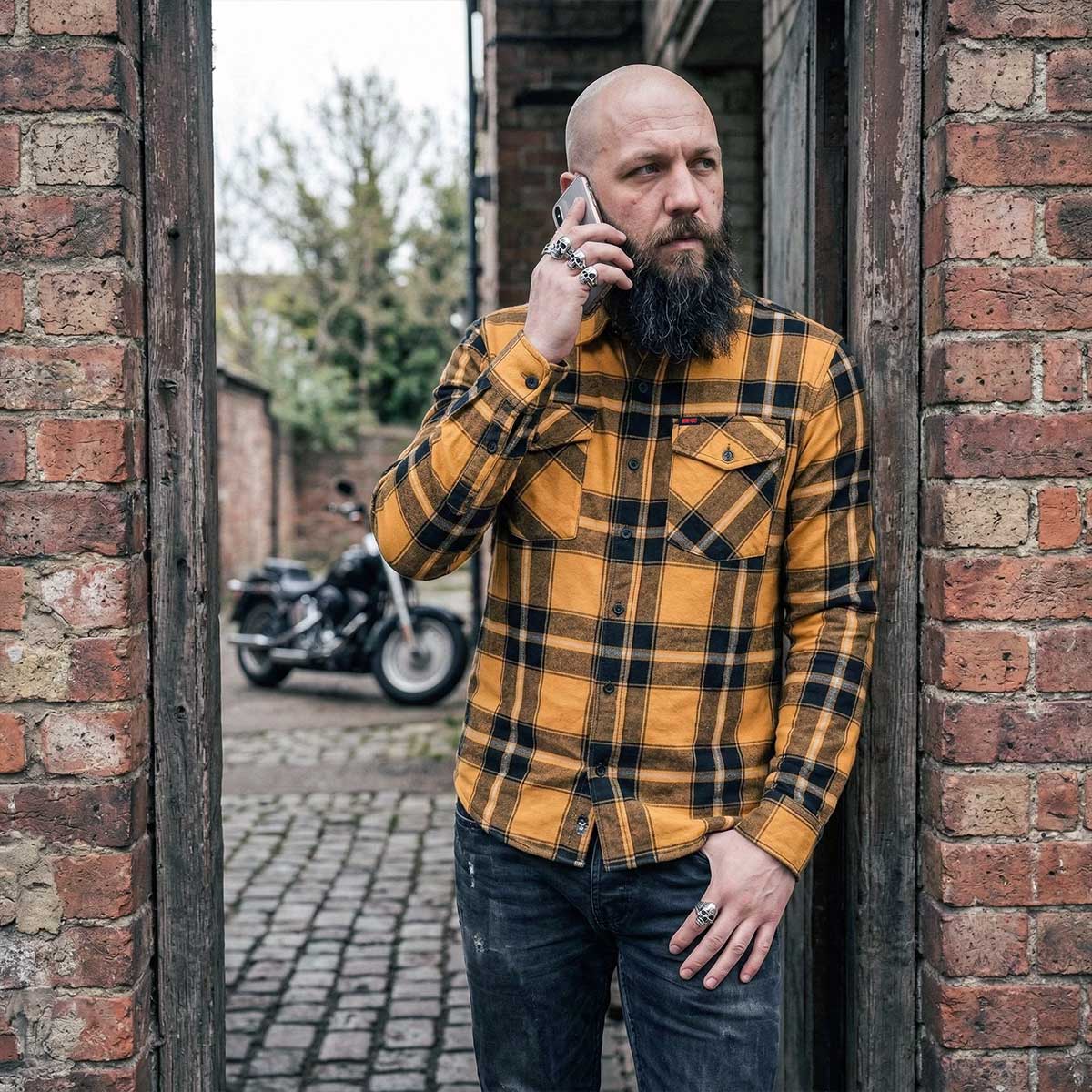 MMCC Deadbolt Men's Mustard Black White Plaid Flannel Shirt - 100% Cotton with Microfiber Wipe Panel - MMC11620 - Image 9