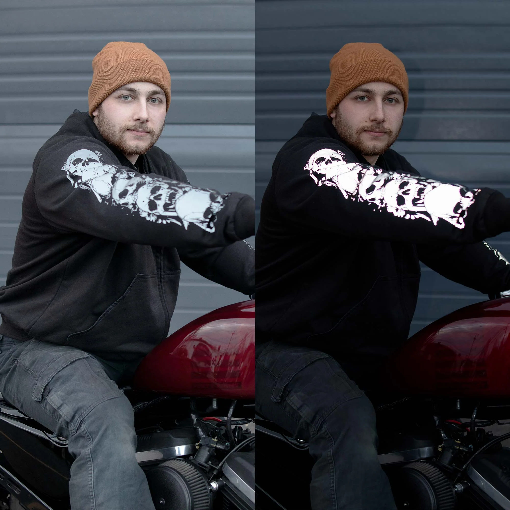 MMCC Men’s Bare Bones Riding Hoodie – Premium Cotton, Reflective Skull Sleeve, Full Zip - MPM1680 - Image 2