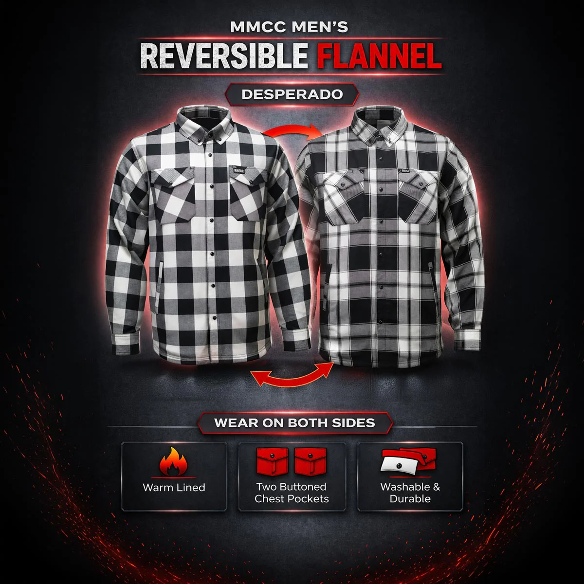 MMCC Men's Desperado Reversible Flannel Shirt - 100% Cotton Snap Front Plaid w/ Chest and Hand Pockets - MNG11804 - Image 2