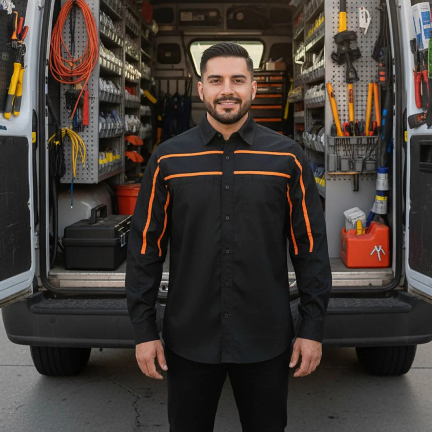 MMCC Men's Octane Long Sleeve Mechanic Shirt - Black with Orange Stripe - 50-50 Cotton Poly - MMCC16003 - Image 2