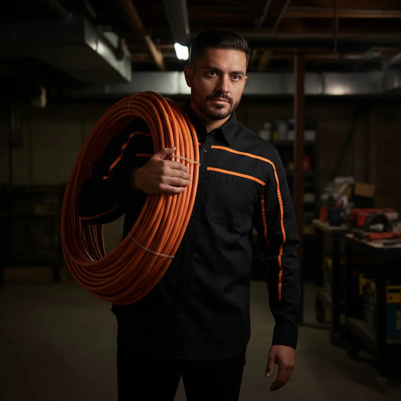 MMCC Men's Octane Long Sleeve Mechanic Shirt - Black with Orange Stripe - 50-50 Cotton Poly - MMCC16003 - Image 4