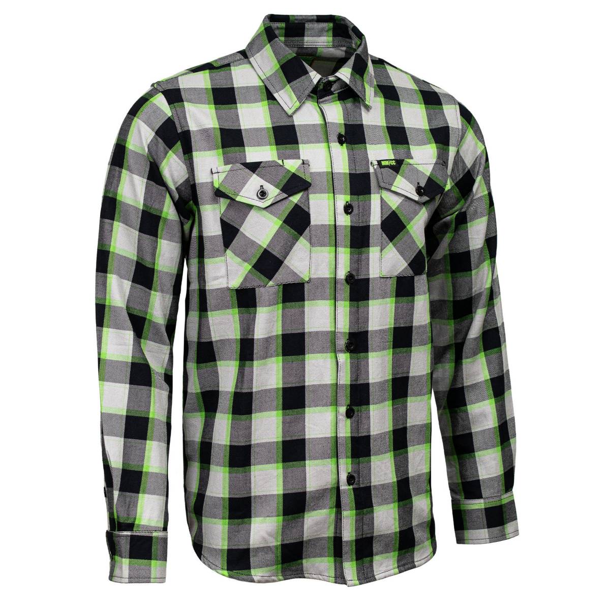 MMCC Radioactive Men's Black Gray Green Plaid Flannel Shirt - 100% Cotton Long Sleeve Button-Up - MMC11602