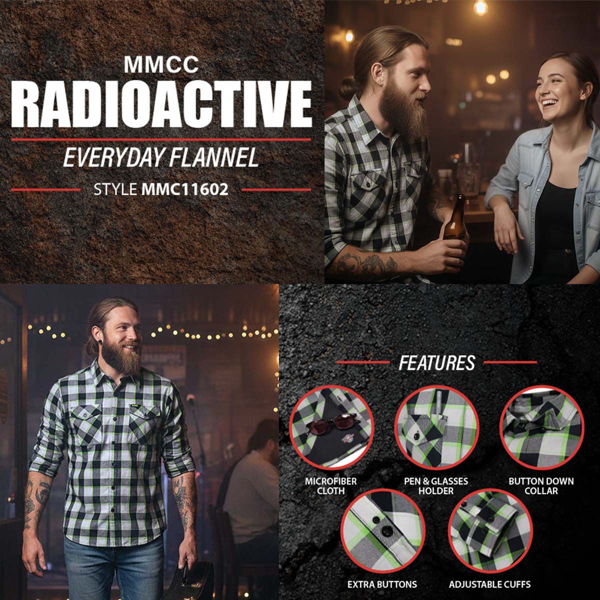 MMCC Radioactive Men's Black Gray Green Plaid Flannel Shirt - 100% Cotton Long Sleeve Button-Up - MMC11602 - Image 2