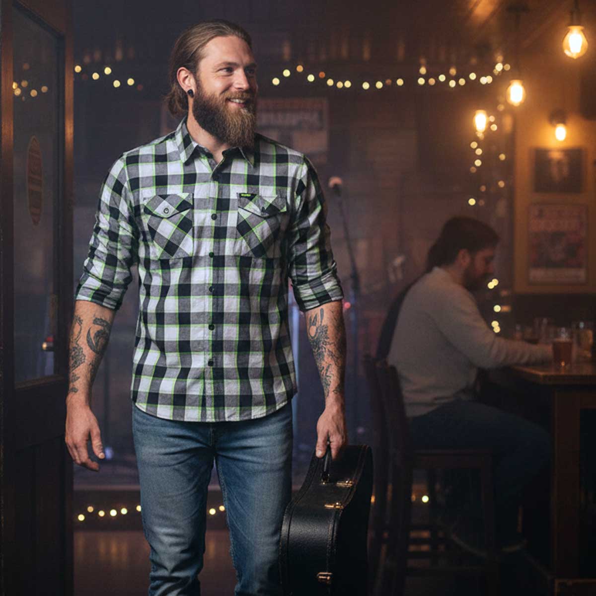 MMCC Radioactive Men's Black Gray Green Plaid Flannel Shirt - 100% Cotton Long Sleeve Button-Up - MMC11602 - Image 5