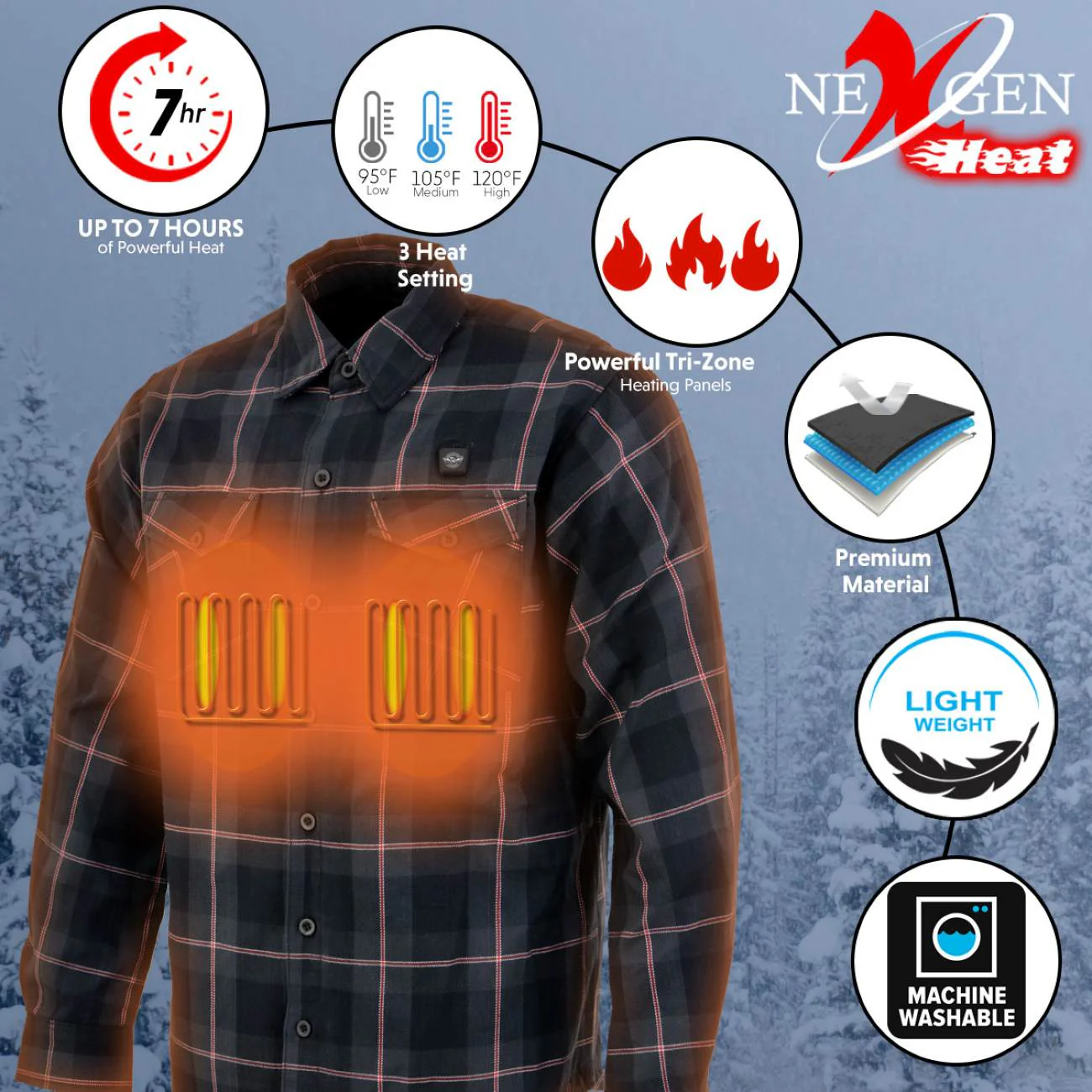 Nexgen Heat Nxm1602set Men's 'Riffraff' Black, Grey/Red Heated Flannel Long Sleeve Shirt (Rechargeable Battery Pack Included) - Image 2