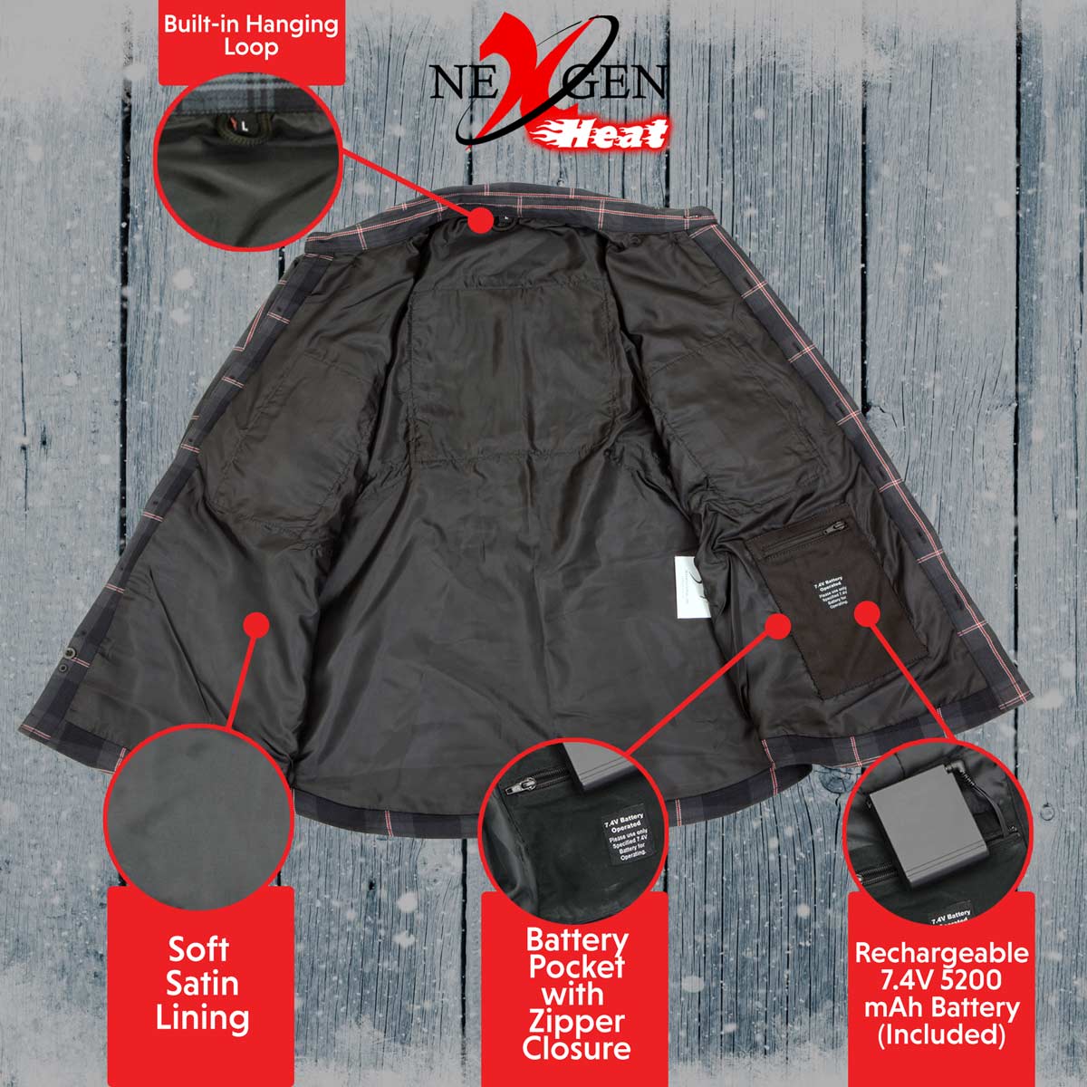 Nexgen Heat Nxm1602set Men's 'Riffraff' Black, Grey/Red Heated Flannel Long Sleeve Shirt (Rechargeable Battery Pack Included) - Image 4