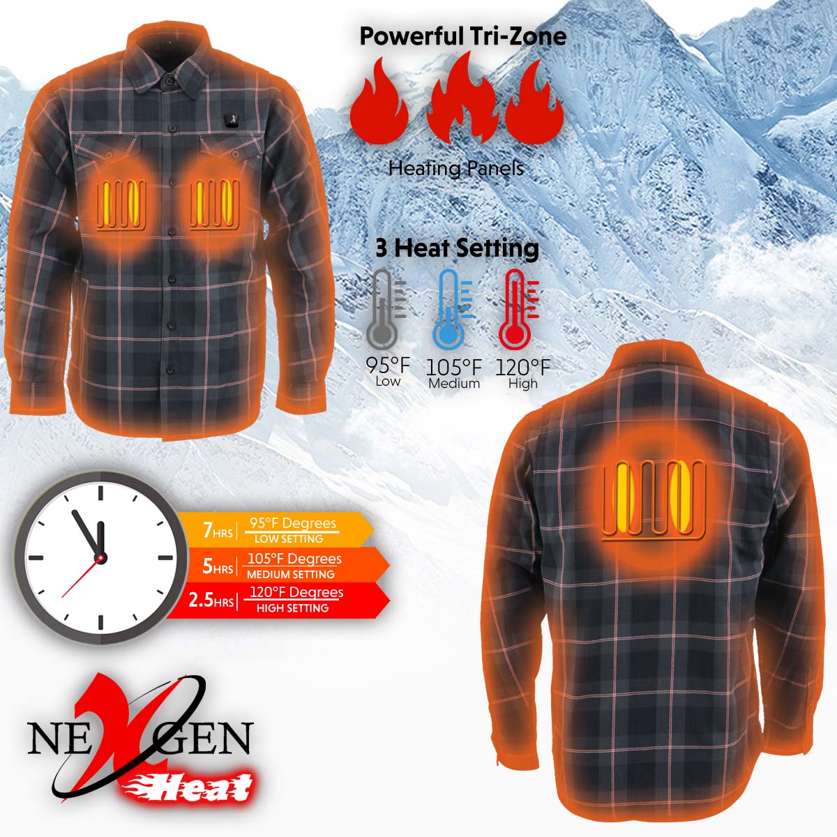 Nexgen Heat Nxm1602set Men's 'Riffraff' Black, Grey/Red Heated Flannel Long Sleeve Shirt (Rechargeable Battery Pack Included) - Image 5