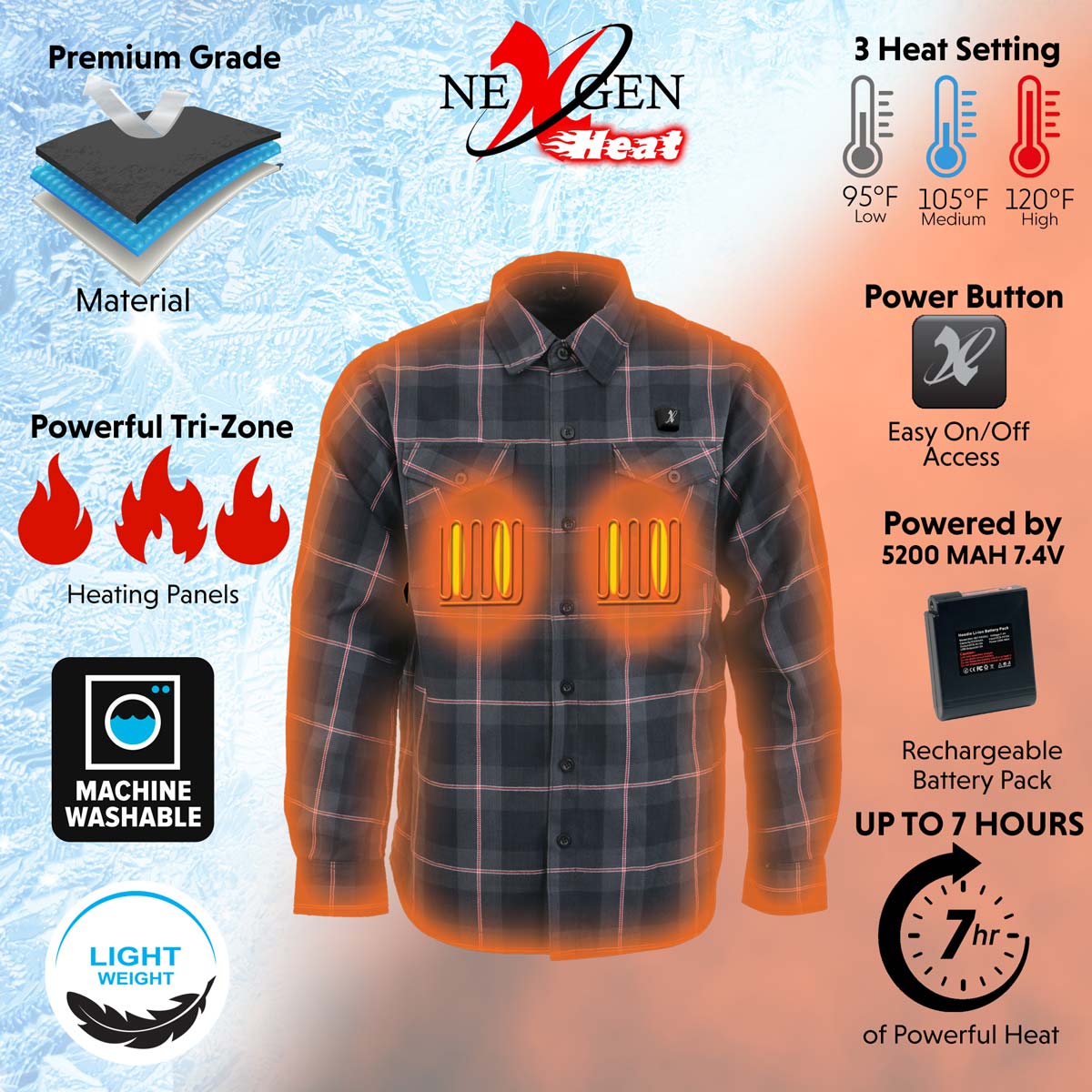Nexgen Heat Nxm1602set Men's 'Riffraff' Black, Grey/Red Heated Flannel Long Sleeve Shirt (Rechargeable Battery Pack Included) - Image 6