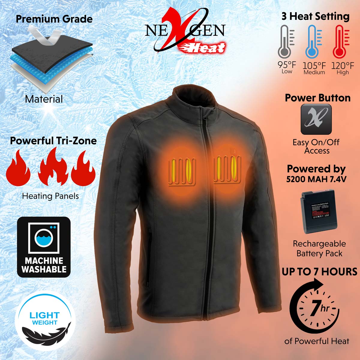 Nexgen Heat NXM1762SET Men’s Soft Shell Heated Jacket - Grey Standup Collar Jacket for Winter with Battery Pack - Image 11