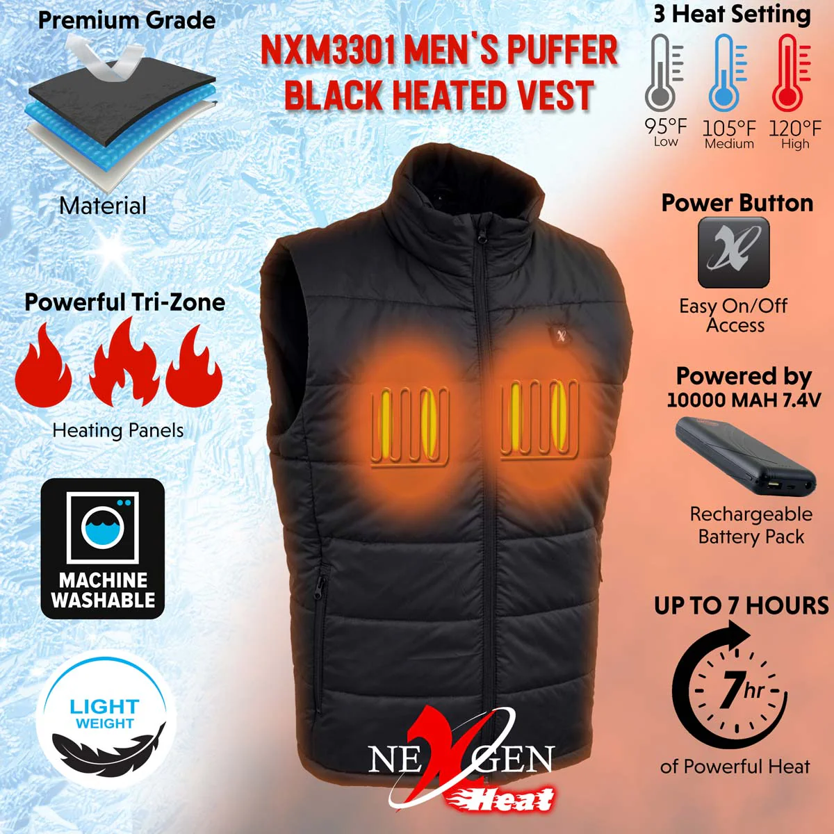 NexGen NXM3301SET Men's 'Puffed' Black Heated Textile Vest (Rechargeable Battery Pack Included) - Image 21