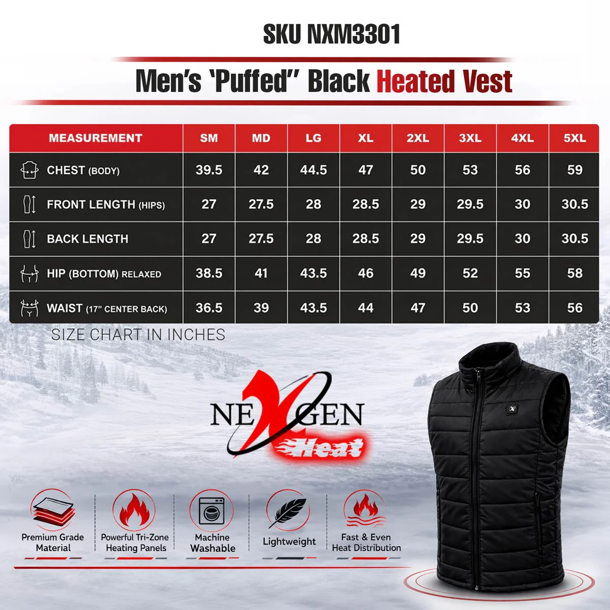 NexGen NXM3301SET Men's 'Puffed' Black Heated Textile Vest (Rechargeable Battery Pack Included) - Image 3