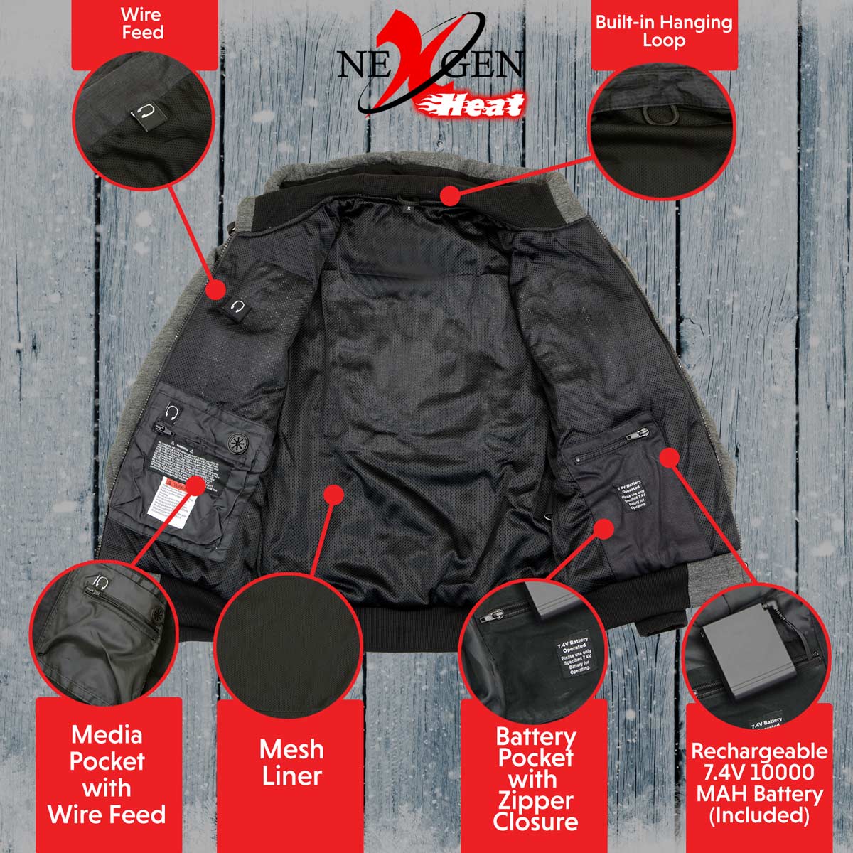 Nexgen Heat MPM1713SET12v Men's Grey 'Heated' Front Zipper Hoodie Jacket for Outdoor Activities w/ Battery Pack - Image 6