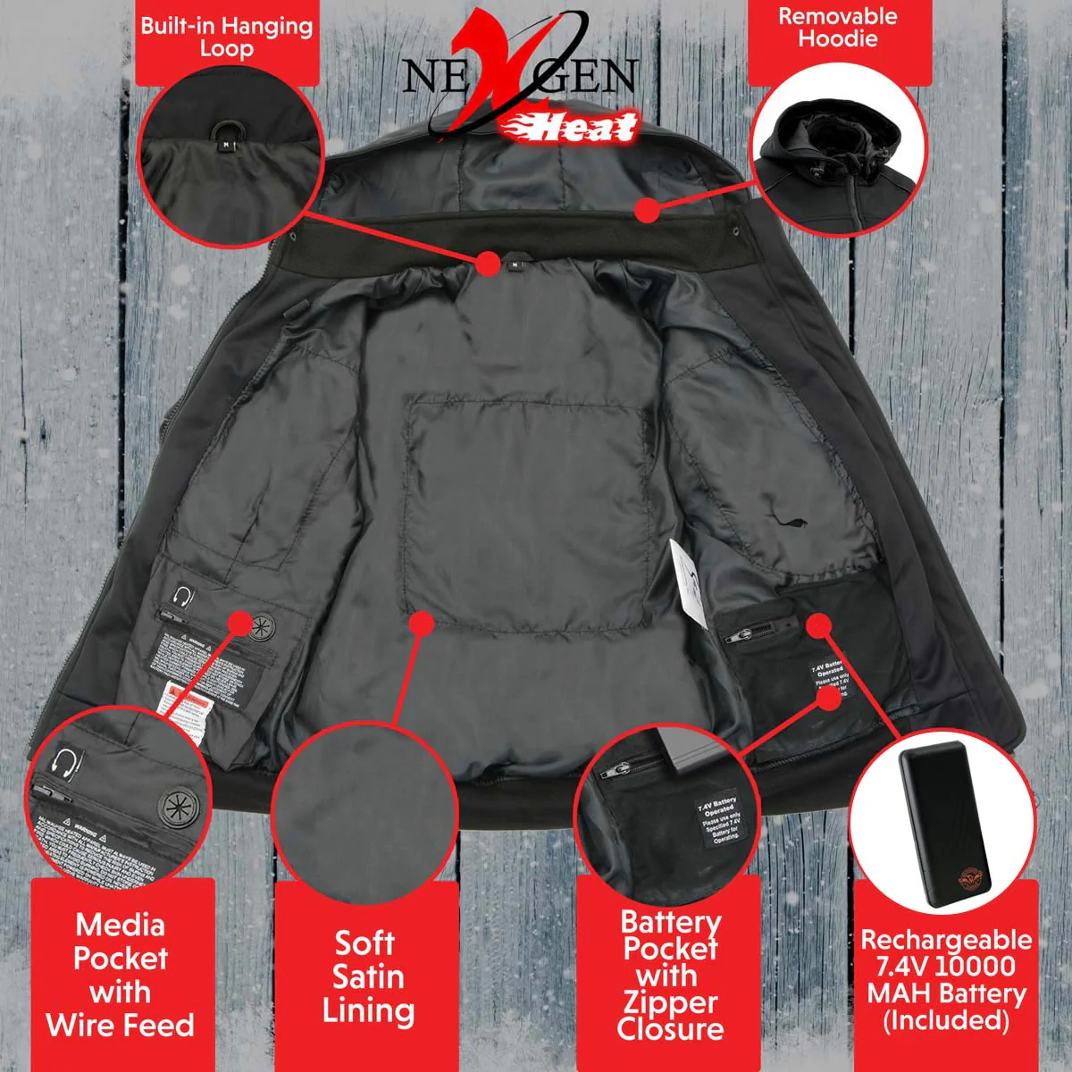 Nexgen Heat NXL2761SET Women’s Black 'Igniter' Heated Soft Shell Hooded Jacket (Rechargeable 10000mAh Battery Pack Included) - Image 4