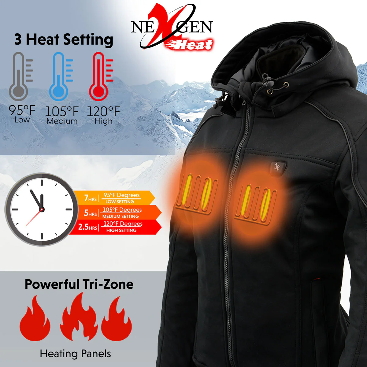 Nexgen Heat NXL2761SET Women’s Black 'Igniter' Heated Soft Shell Hooded Jacket (Rechargeable 10000mAh Battery Pack Included) - Image 5