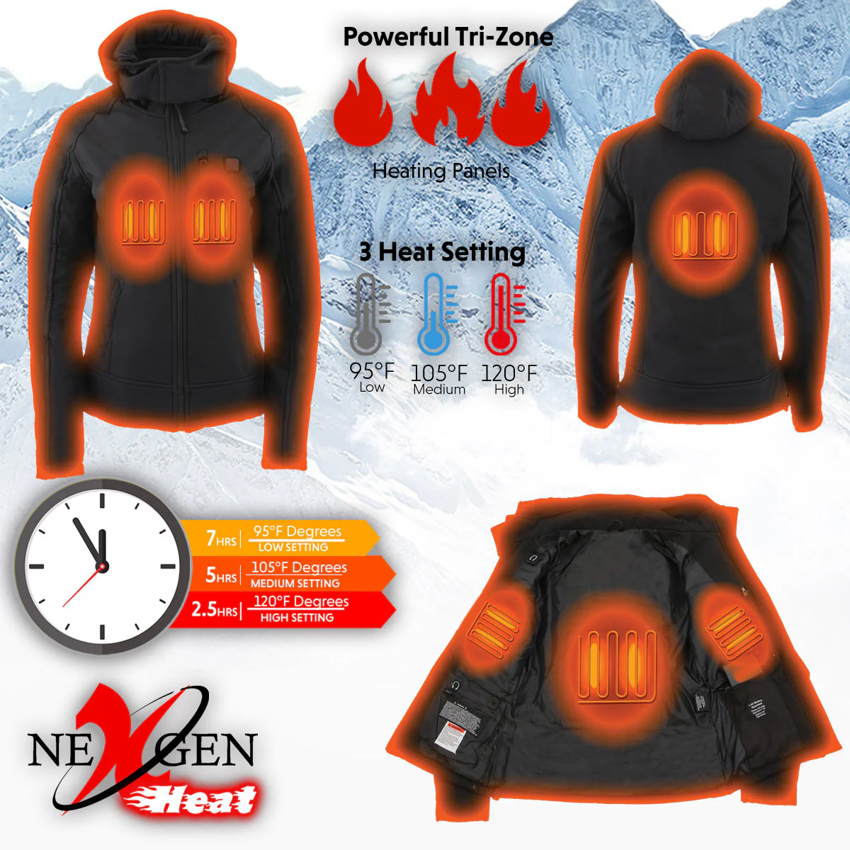 NexGen NXL2767SET Women's 'Ruffled' Black Heated Soft Shell Hooded Jacket (Rechargeable Battery Pack Included) - Image 4