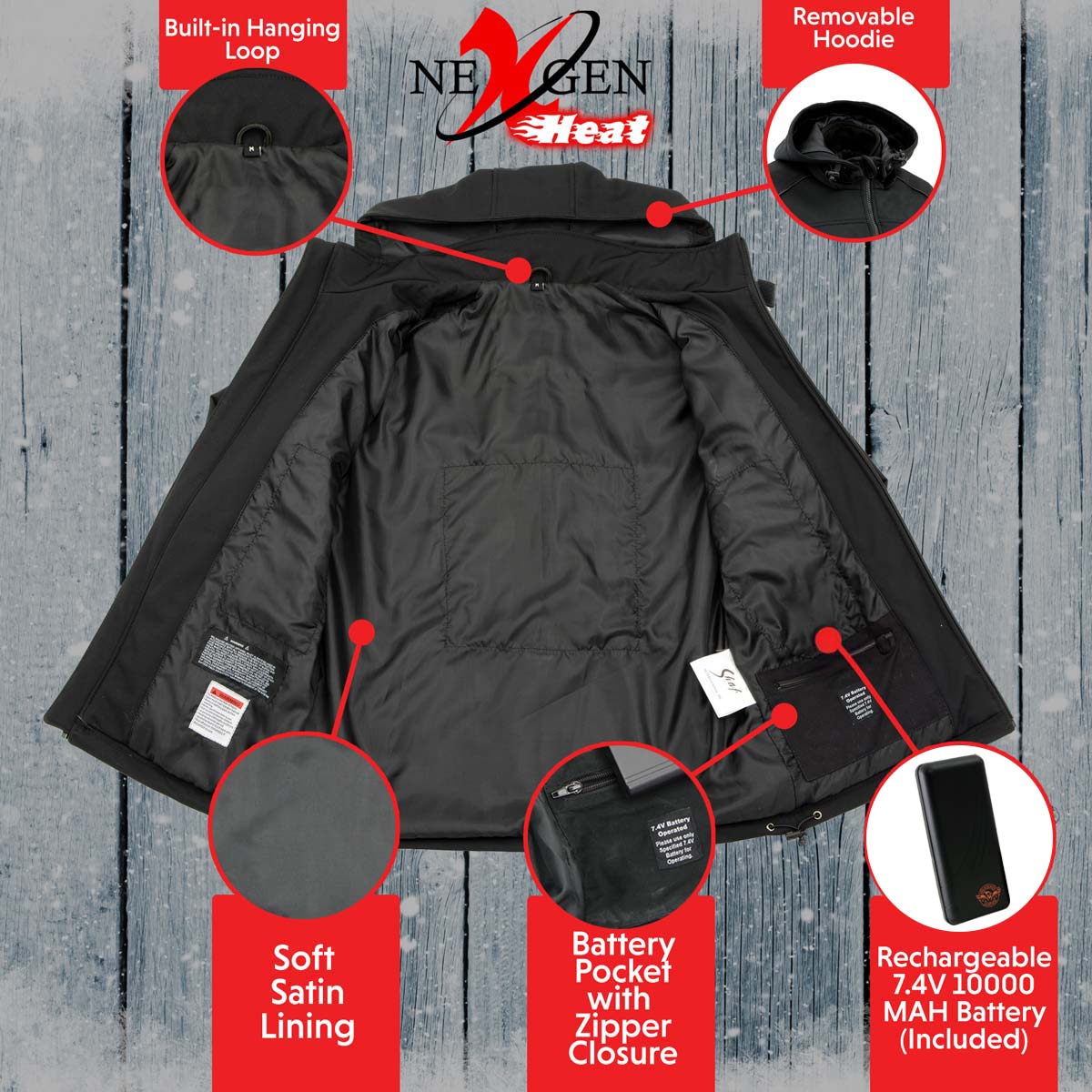 NexGen NXL2767SET Women's 'Ruffled' Black Heated Soft Shell Hooded Jacket (Rechargeable Battery Pack Included) - Image 5