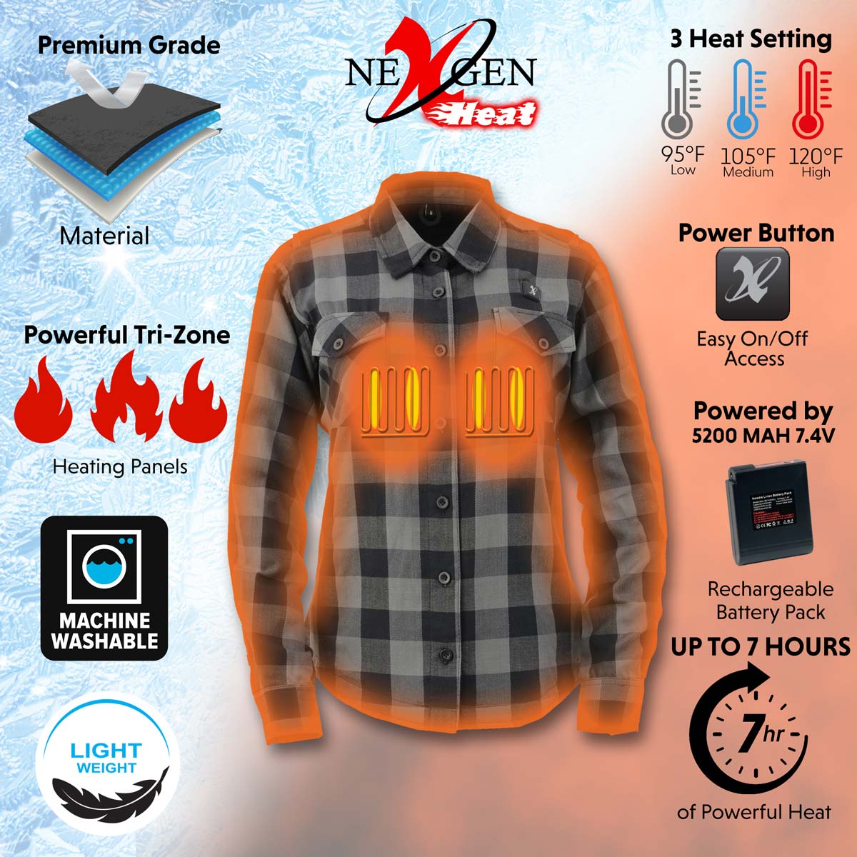 Nexgen Heat Women's NXL2601SET Bonnie Black - Grey Heated Flannel Sleeve Shirt for Outdoor Activities w/ Battery - Image 2