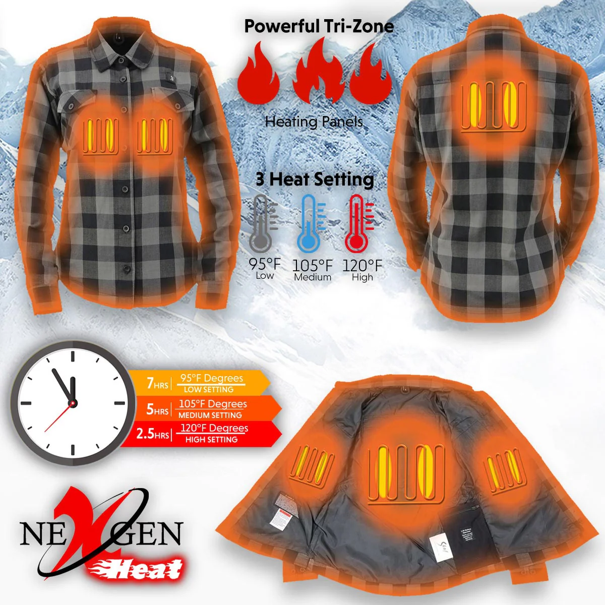 Nexgen Heat Women's NXL2601SET Bonnie Black - Grey Heated Flannel Sleeve Shirt for Outdoor Activities w/ Battery - Image 4