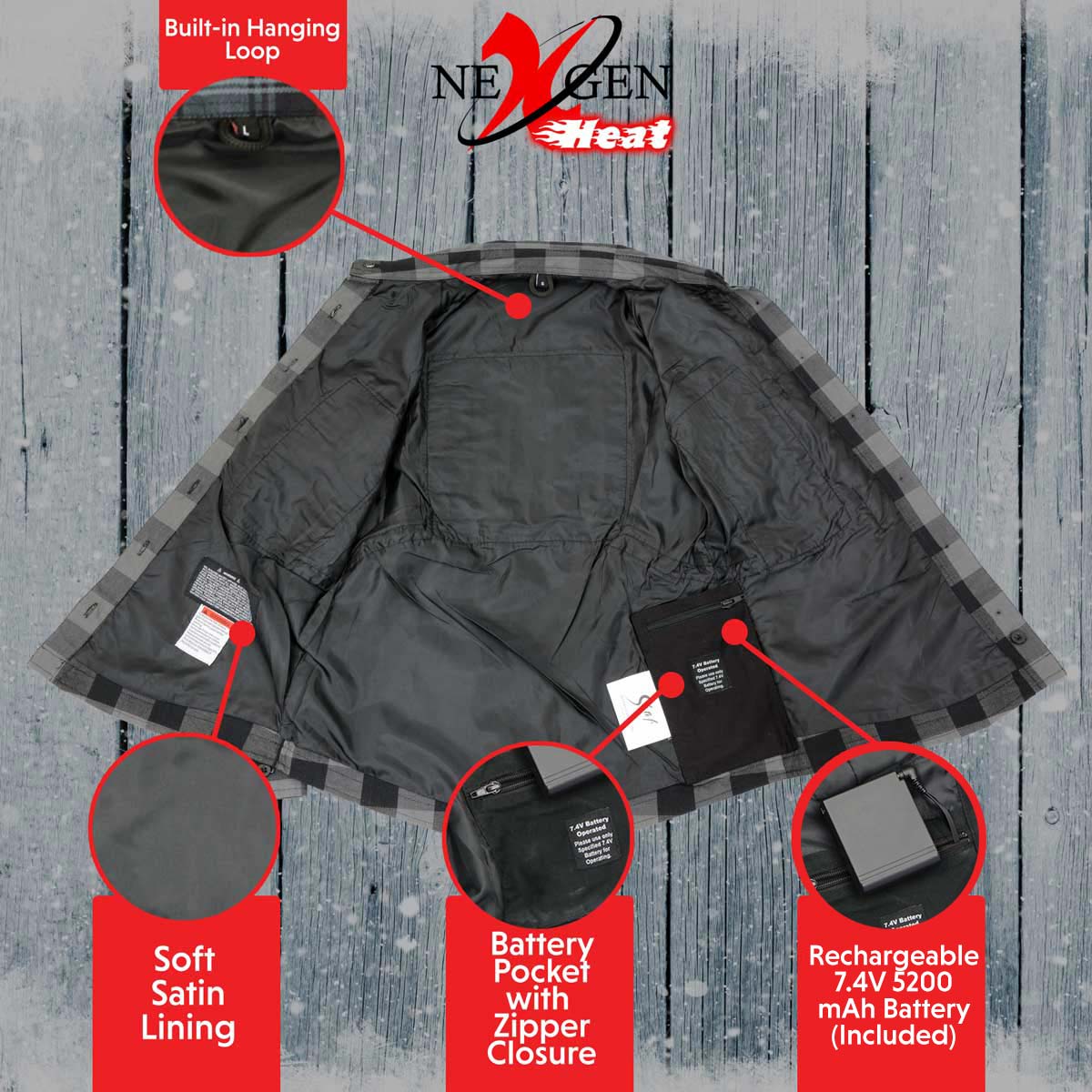 Nexgen Heat Women's NXL2601SET Bonnie Black - Grey Heated Flannel Sleeve Shirt for Outdoor Activities w/ Battery - Image 5