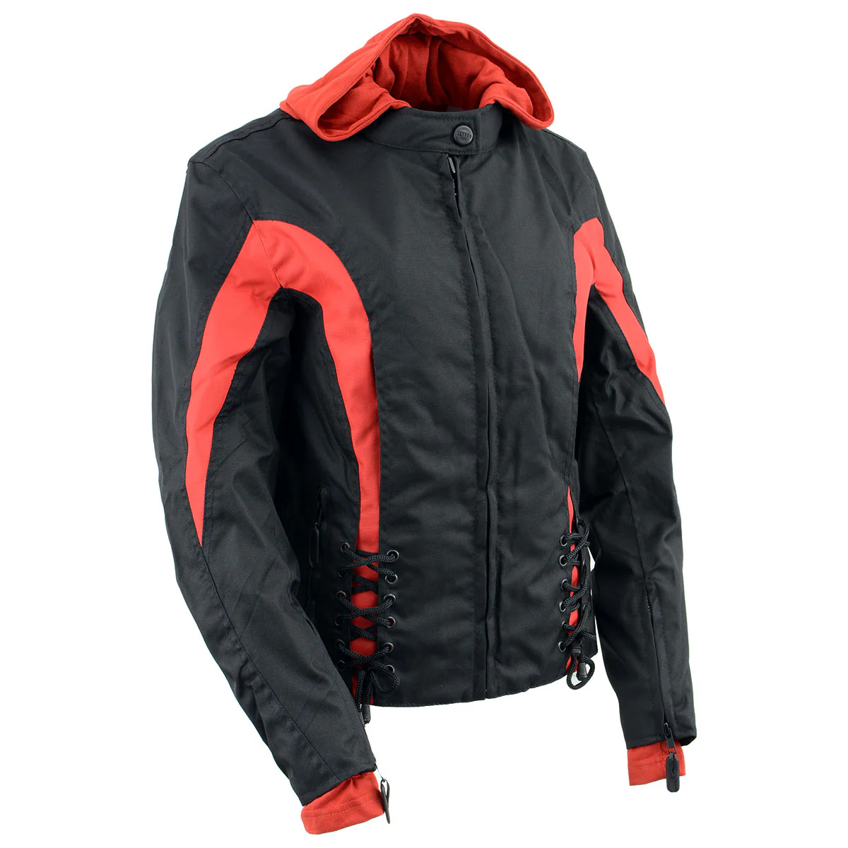 NexGen SH1998 Ladies Red and Black Textile Racer Jacket with Removable Hoodie - Image 7