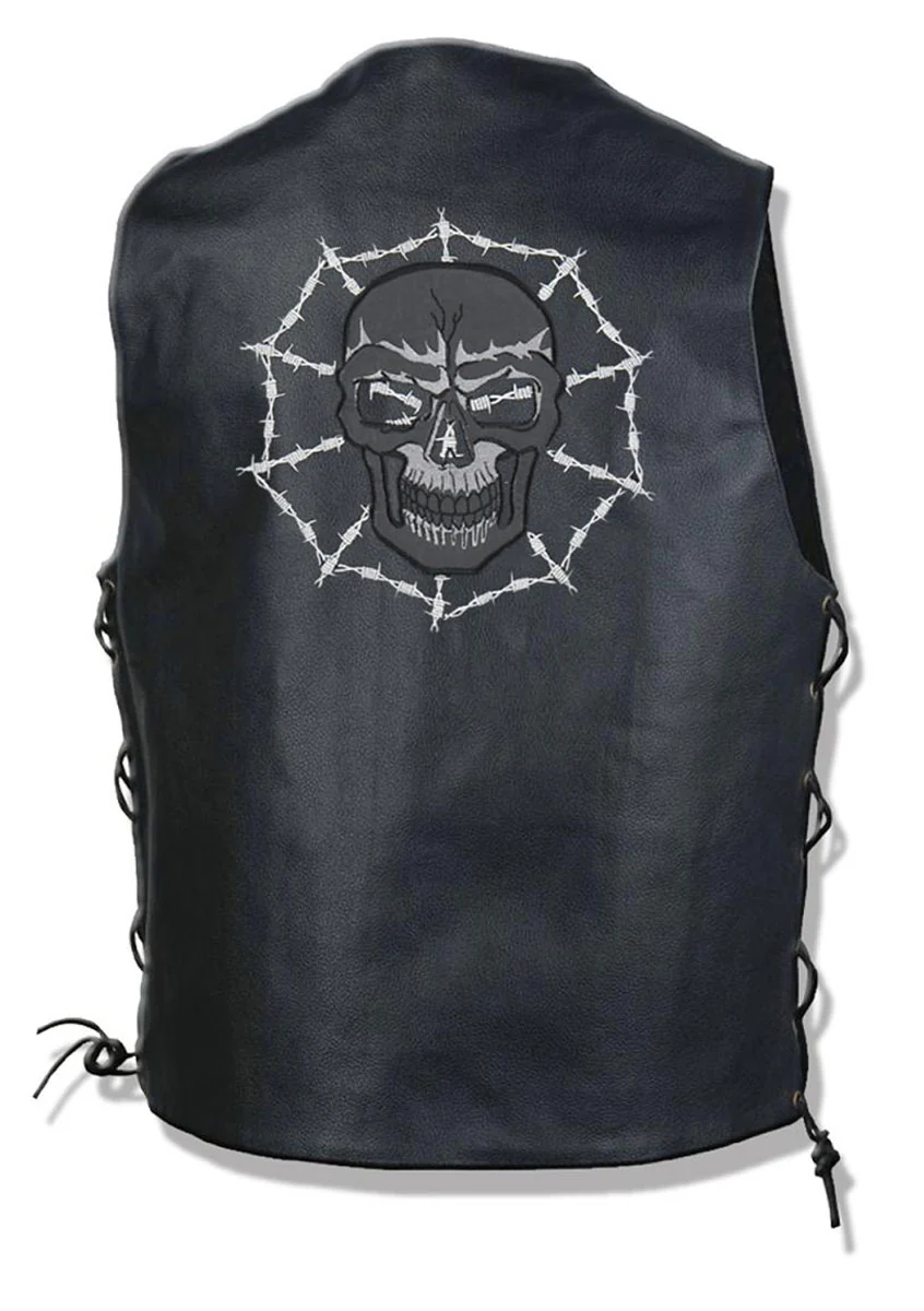 NexGen ML4391 Men’s ’10 Pocket’ Black Leather Vest with Back Spider Web Skull Embroidery