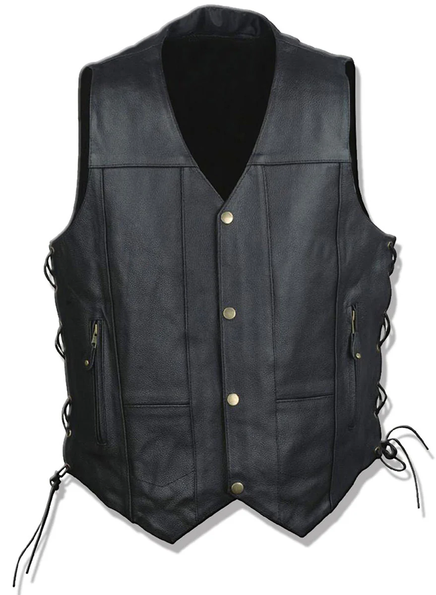 NexGen ML4391 Men’s ’10 Pocket’ Black Leather Vest with Back Spider Web Skull Embroidery - Image 2